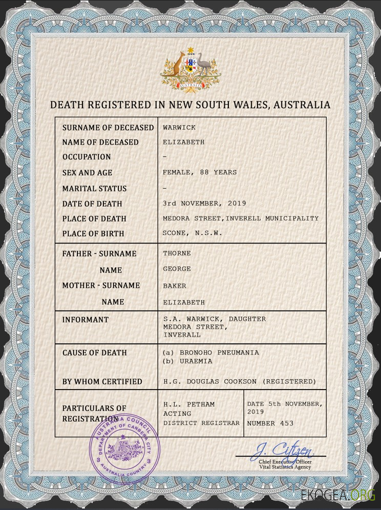 Modèle PSD de certificat de décès d'état civil australien